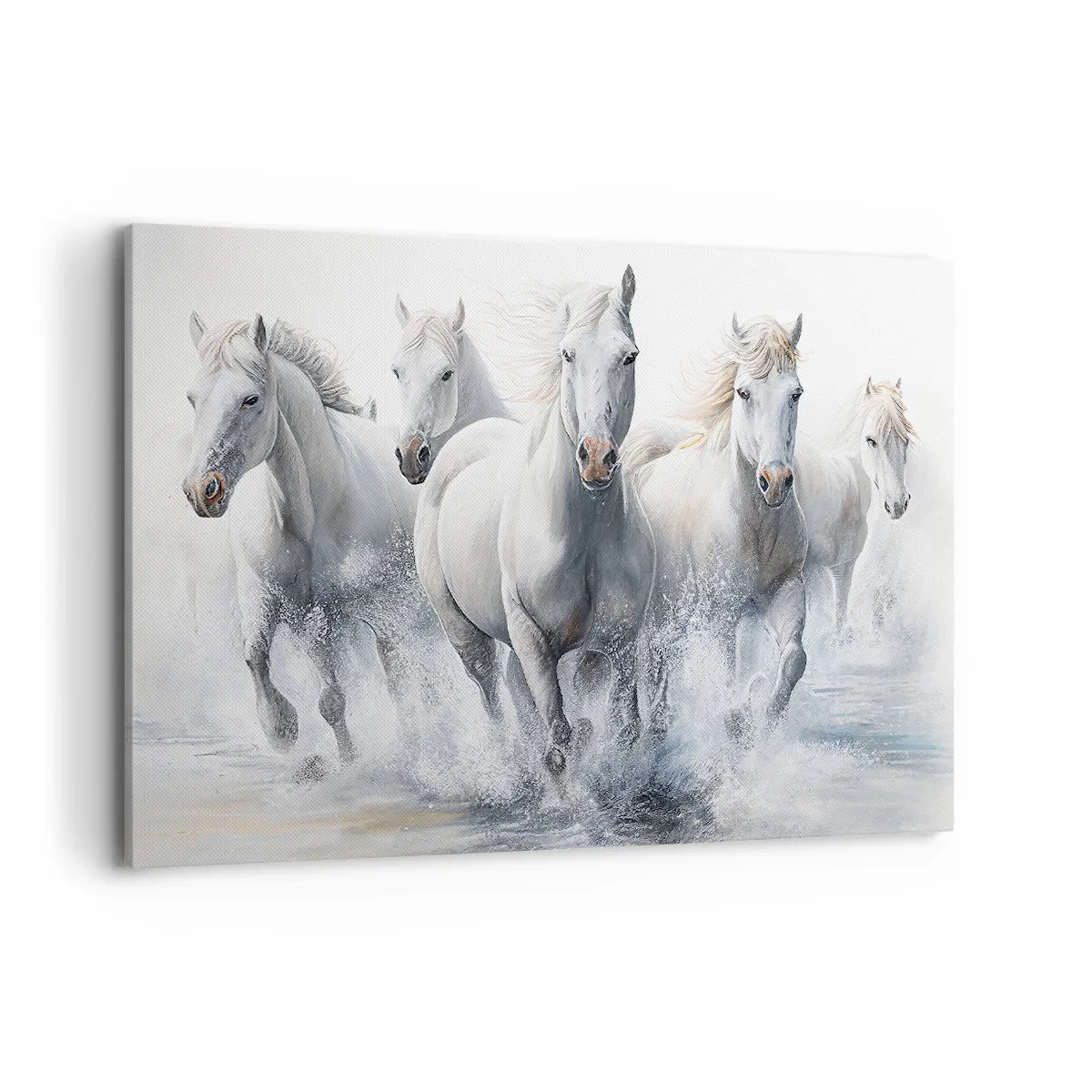 Obraz na płótnie - Białe konie galopujące przez wodę - 120x80cm - Biała magia - Nowoczesna dekoracja ścienna do salonu, kuchni i sypialni ARTTOR