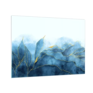 Obraz na szkle - Abstrakcyjne błękitne kształty z delikatnymi złotymi liniami - 70x50cm - Błękit w złocie - Nowoczesna dekoracja ścienna do salonu i sypialni ARTTOR