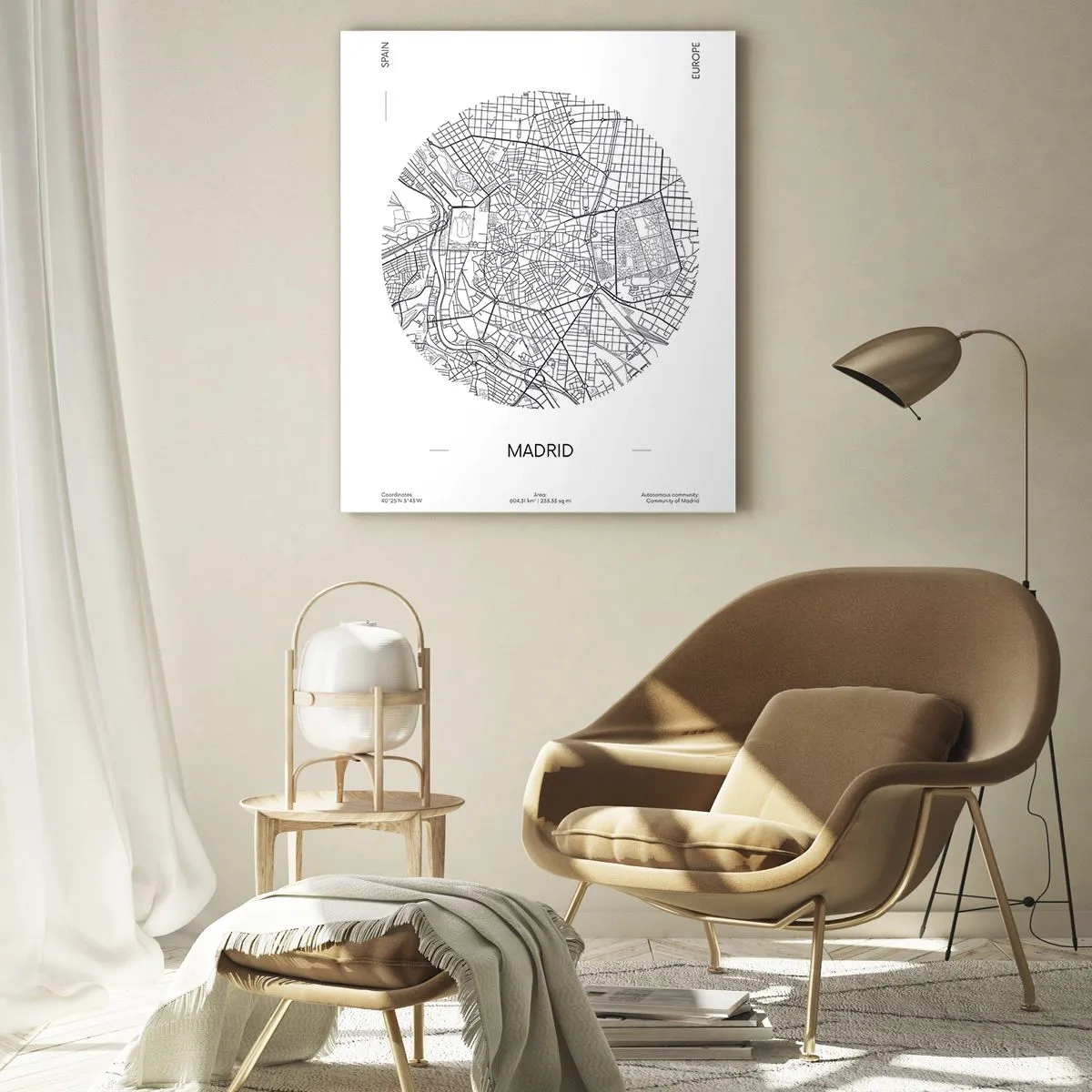 Obraz na szkle - Mapa Madrytu w minimalistycznym, czarno-białym stylu - 80x120cm - Anatomia Madrytu - Nowoczesna dekoracja ścienna do salonu i sypialni ARTTOR