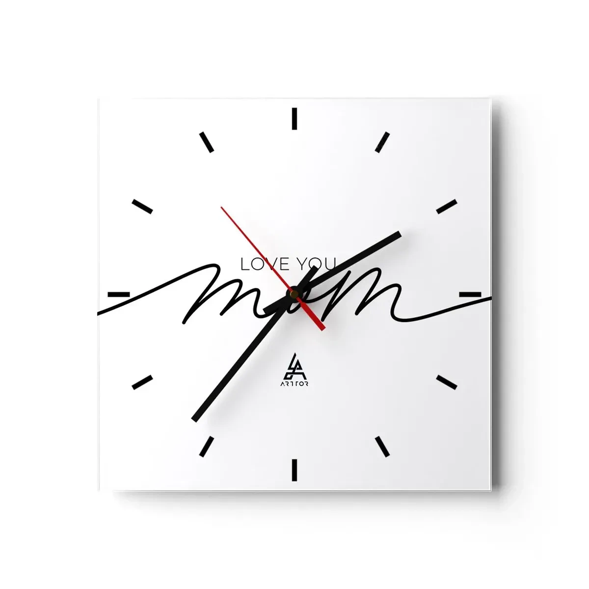 Zegar ścienny - Minimalistyczny napis Love You Mom na białym tle - 30x30cm - Wielkie wzruszenie - Nowoczesna dekoracja ścienna do salonu i sypialni ARTTOR