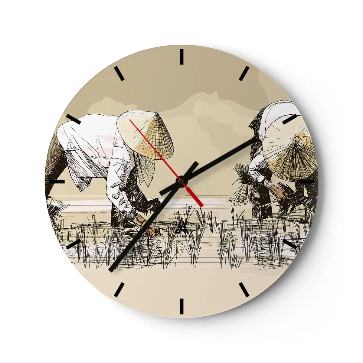 Zegar ścienny - Rysunkowy motyw rolników pracujących na polu ryżowym w odcieniach beżu - 30x30cm - Udanych zbiorów - Nowoczesna dekoracja ścienna do salonu, kuchni i sypialni ARTTOR