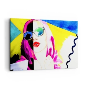 Obraz na płótnie - Kolorowy portret kobiety w okularach przeciwsłonecznych - 100x70cm - Nie jestem biała i nie jestem czarna - Nowoczesna dekoracja ścienna do salonu, kuchni i sypialni ARTTOR