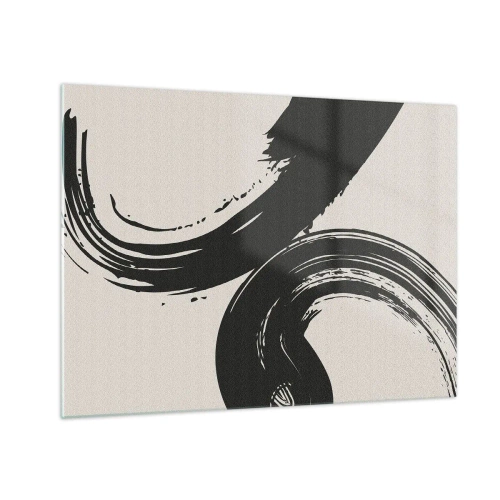 Obraz na szkle - Czarne, dynamiczne pociągnięcia pędzla w stylu kaligrafii na jasnym tle - 70x50cm - Zamaszyście i koliście - Nowoczesna dekoracja ścienna do salonu i sypialni ARTTOR