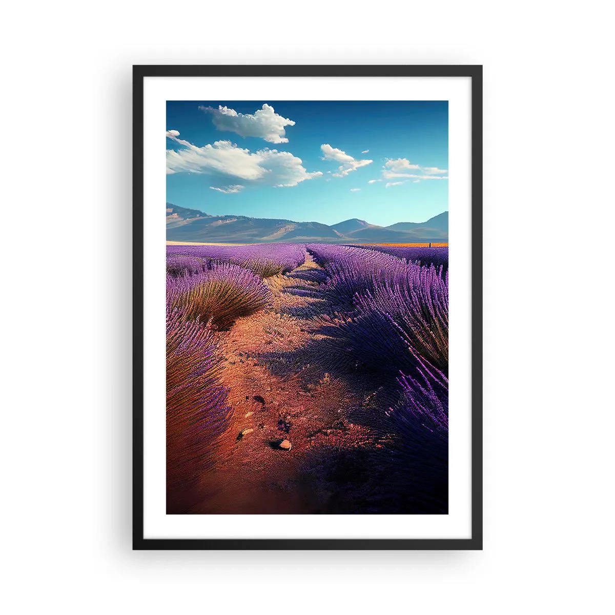 Plakat w czarnej ramie - Pole lawendy o zachodzie słońca z górskim krajobrazem w tle - 50x70cm - Pachnące pola - Nowoczesna dekoracja ścienna do salonu i sypialni ARTTOR