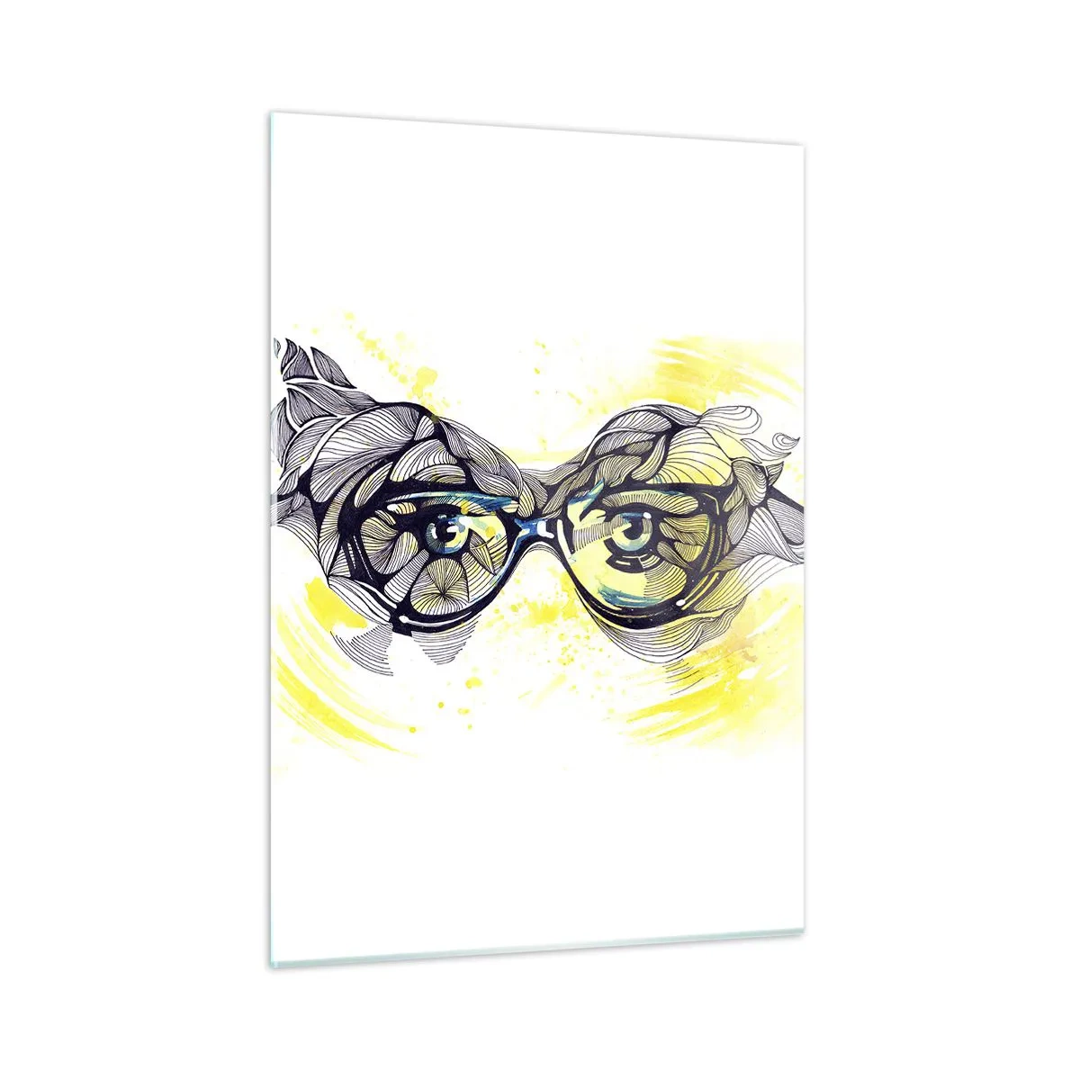 Obraz na szkle - Okulary z artystycznymi wzorami i oczami na tle w żółtych tonacjach - 50x70cm - Przez błękitne okulary - Nowoczesna dekoracja ścienna do salonu, kuchni i sypialni ARTTOR