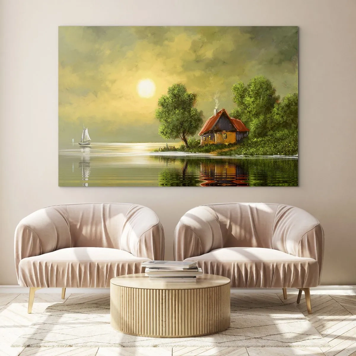 Obraz na szkle - Malowniczy pejzaż z chatą nad jeziorem o zachodzie słońca - 100x70cm - Pięknie, jak z obrazka - Nowoczesna dekoracja ścienna do salonu, kuchni i sypialni ARTTOR