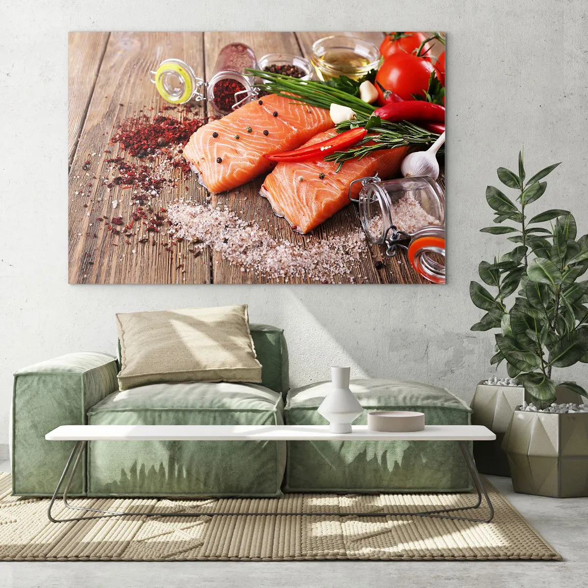 Obraz na szkle - Filety łososia z przyprawami na drewnianym blacie - 70x50cm - Norweska przygoda w kuchni - Nowoczesna dekoracja ścienna do salonu i sypialni ARTTOR
