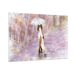 Obraz na szkle - Postać kobiety z parasolką w liliowej scenerii deszczu - 100x70cm - W liliowym deszczu - Nowoczesna dekoracja ścienna do salonu, kuchni i sypialni ARTTOR