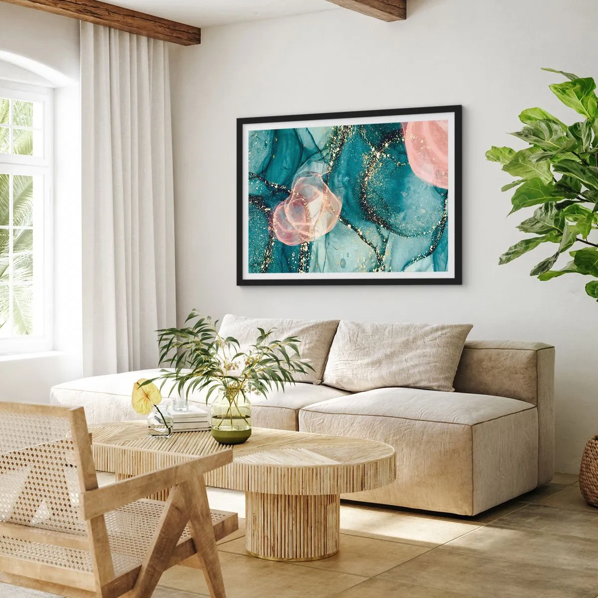 Plakat w czarnej ramie - Abstrakcyjna kompozycja w odcieniach turkusu i złota - 70x50cm - Jedwabny błękit, tiulowy róż - Nowoczesna dekoracja ścienna do salonu i sypialni ARTTOR