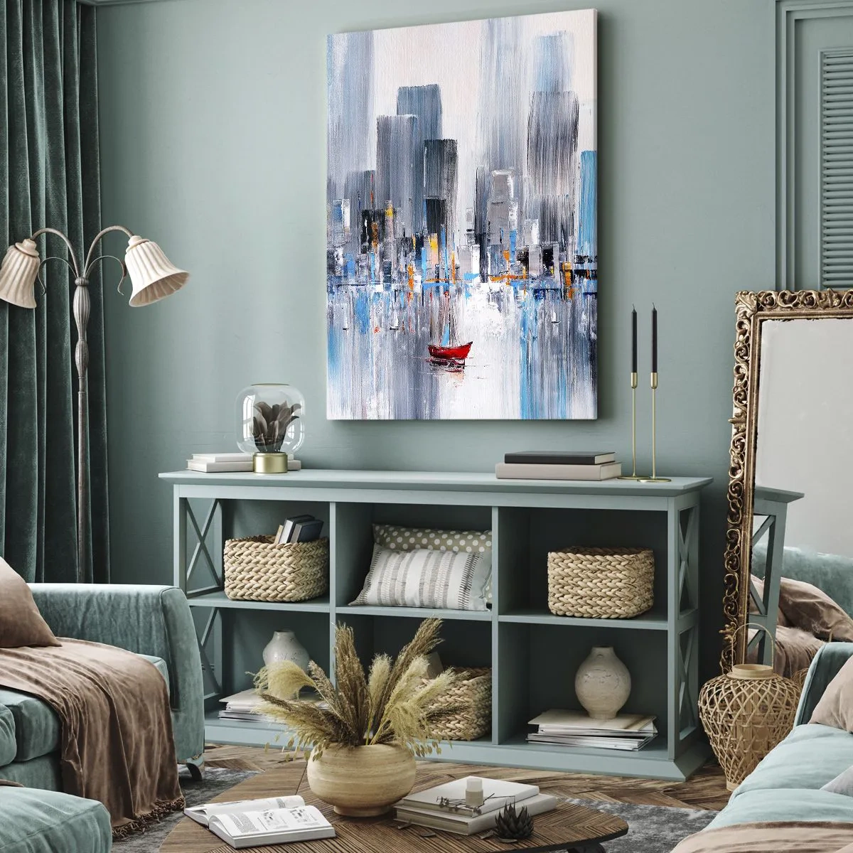 Obraz na płótnie - Abstrakcyjna panorama miasta z czerwonym żaglowcem na wodzie - 50x70cm - Metropolia nad zatoką - Nowoczesna dekoracja ścienna do salonu, kuchni i sypialni ARTTOR
