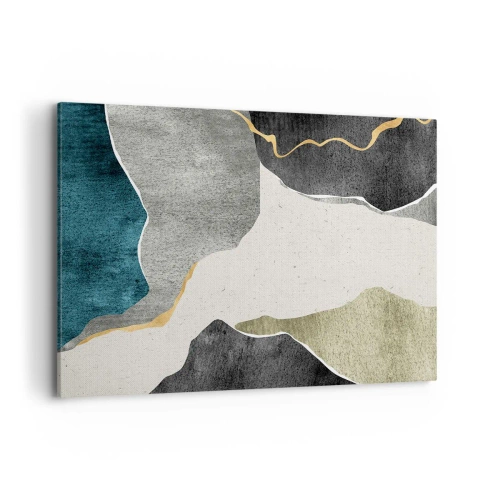 Obraz na płótnie - Geometryczne formy w odcieniach szarości, zieleni i złota - 100x70cm - Mozaikowa kompozycja z nitką złota - Nowoczesna dekoracja ścienna do salonu, kuchni i sypialni ARTTOR