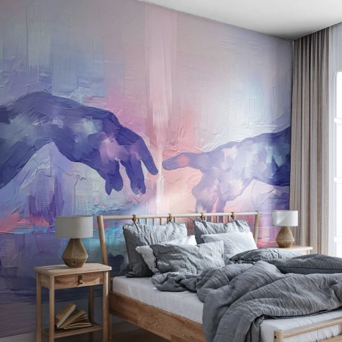 Fototapeta Premium Canvas - Symboliczne dłonie w abstrakcyjnych barwach, odwołujące się do motywu stworzenia - 100x70cm - Boska iskra życia - Nowoczesna dekoracja ścienna do salonu i sypialni ARTTOR