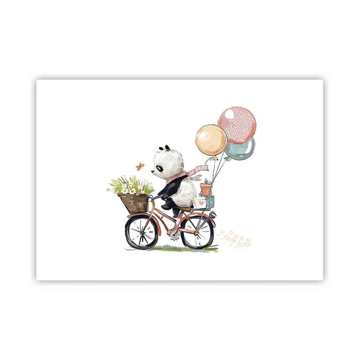 Plakat - Panda na rowerze z balonami i kwiatami - 100x70cm - Szczęśliwy dzień - Nowoczesna dekoracja ścienna do salonu i sypialni ARTTOR