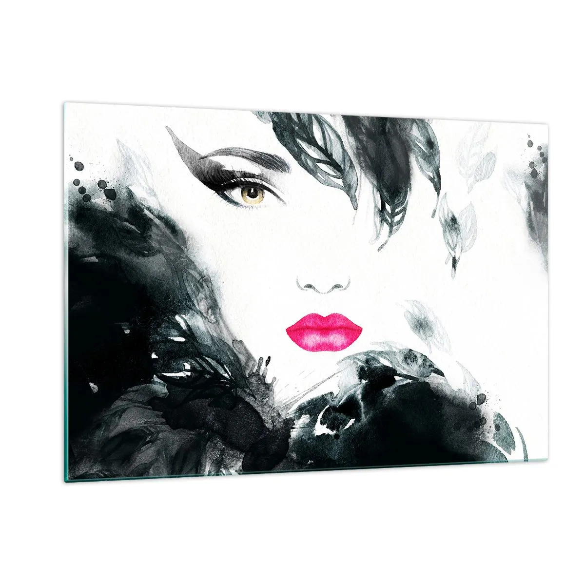 Obraz na szkle - Portret kobiety z różowymi ustami i czarnymi akcentami - 120x80cm - Uwaga! Femme fatale - Nowoczesna dekoracja ścienna do salonu, kuchni i sypialni ARTTOR