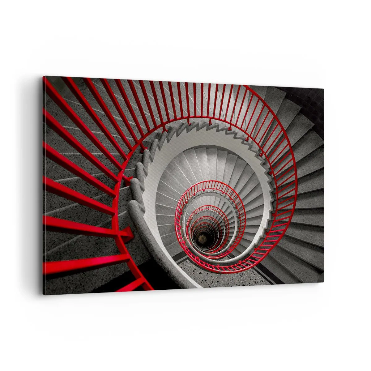 Obraz na płótnie - Spiralne schody z czerwonymi poręczami w dynamicznej perspektywie - 120x80cm - Zabawy architektury - Nowoczesna dekoracja ścienna do salonu, kuchni i sypialni ARTTOR