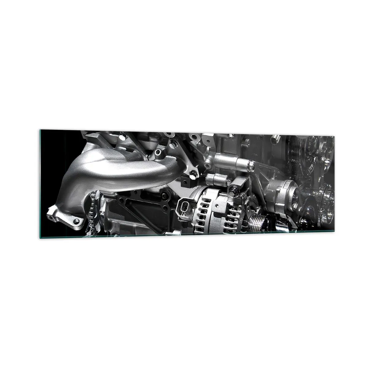 Obraz na szkle - Metalowe części silnika w zbliżeniu na czarnym tle - 160x50cm - Stalowy, piękny, silny - Nowoczesna dekoracja ścienna do salonu i sypialni ARTTOR