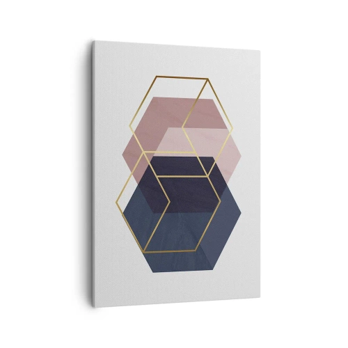 Obraz na płótnie - Geometryczna kompozycja z sześciokątów w odcieniach granatu, różu i złota - 50x70cm - Siła prostoty - Nowoczesna dekoracja ścienna do salonu, kuchni i sypialni ARTTOR