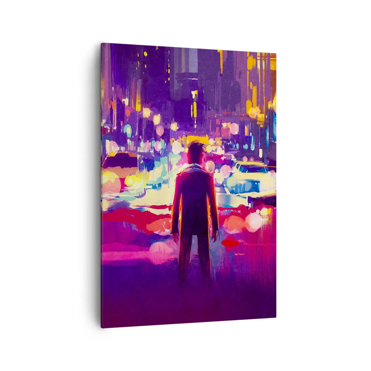Obraz na płótnie - Mężczyzna w neonowej scenerii miejskiej nocy - 70x100cm - Zanurzony w świetle - Nowoczesna dekoracja ścienna do salonu i sypialni ARTTOR