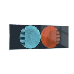 Obraz na szkle - Minimalistyczne dwa koła w kolorach niebieskim i pomarańczowym - 140x50cm - Tylko geometria? - Nowoczesna dekoracja ścienna do salonu i sypialni ARTTOR