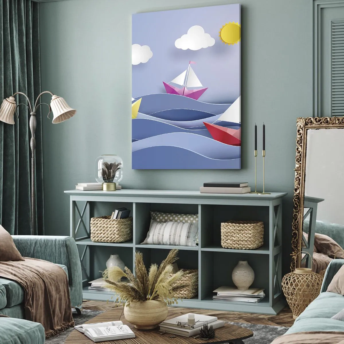 Obraz na płótnie - Kolorowe żaglówki na falach w słoneczny dzień - 70x100cm - Ach, jak przyjemnie kołysać się wśród fal - Nowoczesna dekoracja ścienna do salonu i sypialni ARTTOR
