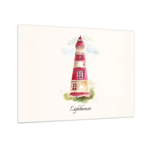 Obraz na szkle - Akwarelowa latarnia morska z napisem Lighthouse - 70x50cm - Wokół zawsze pogoda - Nowoczesna dekoracja ścienna do salonu i sypialni ARTTOR