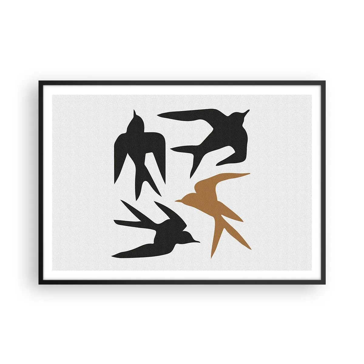 Plakat w czarnej ramie - Sylwetki jaskółek w czerni i złocie - 100x70cm - Jaskółcze zabawy - Nowoczesna dekoracja ścienna do salonu i sypialni ARTTOR