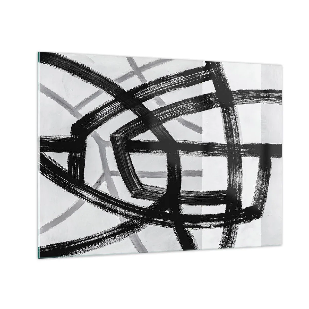 Obraz na szkle - Czarne i szare pociągnięcia pędzla tworzące dynamiczną sieć linii - 70x50cm - Budowanie głębi - Nowoczesna dekoracja ścienna do salonu i sypialni ARTTOR
