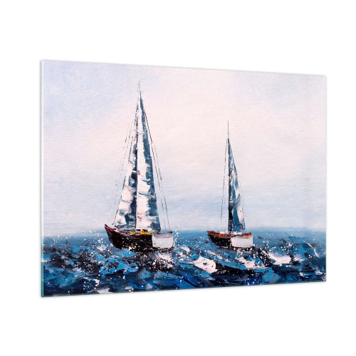 Obraz na szkle - Dwa jachty na wzburzonym morzu w malarskim stylu impresyjnym - 100x70cm - Braterstwo wiatru - Nowoczesna dekoracja ścienna do salonu, kuchni i sypialni ARTTOR