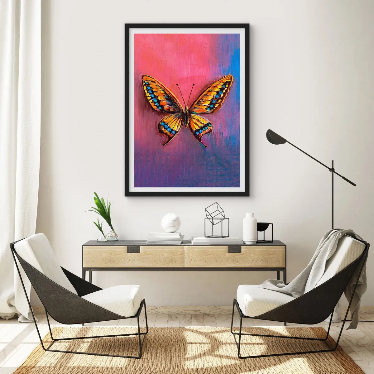Plakat w czarnej ramie - Kolorowy motyl na artystycznym tle z intensywnymi barwami - 50x70cm - Klejnot natury - Nowoczesna dekoracja ścienna do salonu i sypialni ARTTOR