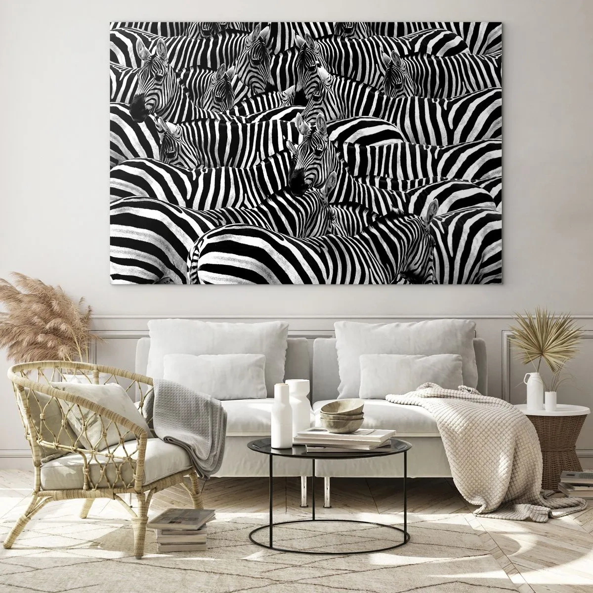 Obraz na szkle - Stado zebr w monochromatycznym ujęciu - 70x50cm - Portret zbiorowy w paski - Nowoczesna dekoracja ścienna do salonu i sypialni ARTTOR
