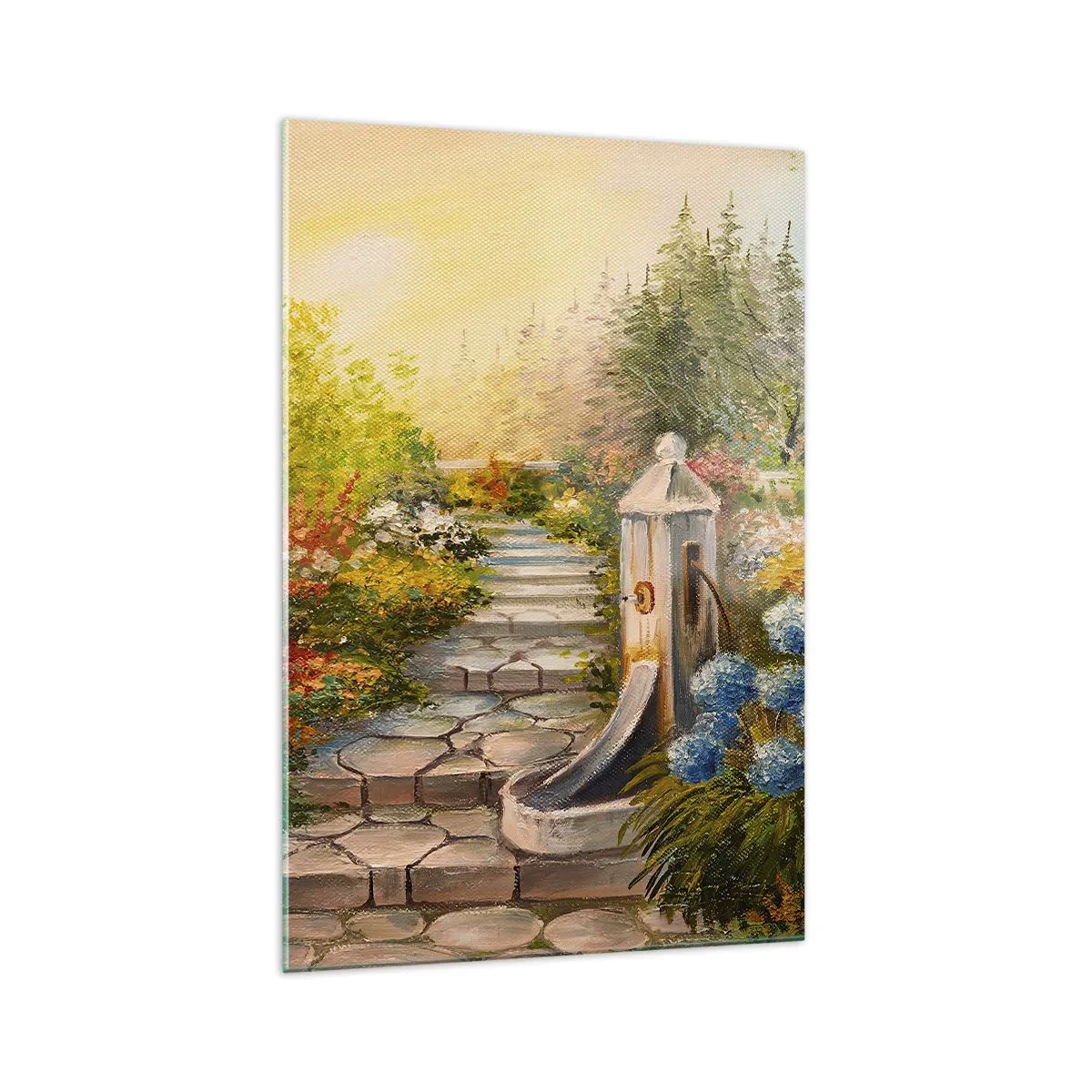 Obraz na szkle - Malowniczy ogród z fontanną i kolorowymi kwiatami - 70x100cm - W pełnym rozkwicie - Nowoczesna dekoracja ścienna do salonu i sypialni ARTTOR
