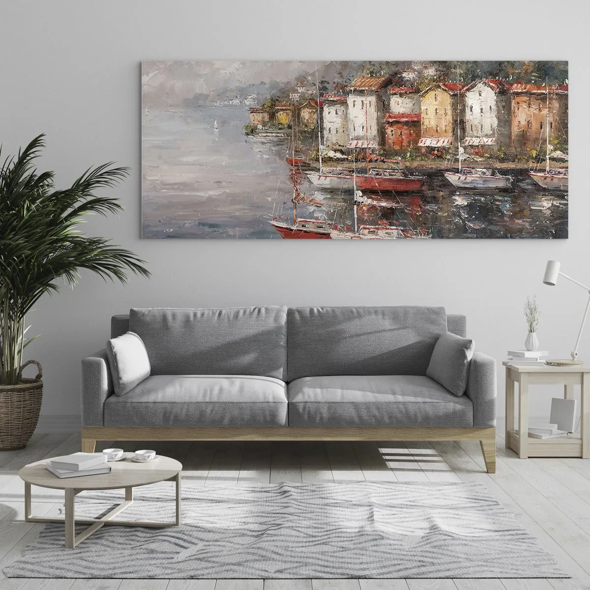 Obraz na szkle - Nadmorska sceneria z łodziami i kolorowymi domami - 120x50cm - Romantyczna przystań - Nowoczesna dekoracja ścienna do salonu i sypialni ARTTOR