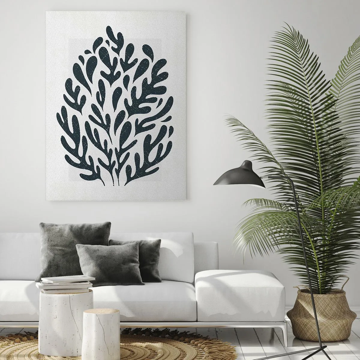 Obraz na szkle - Ciemny abstrakcyjny motyw liściowy na jasnym tle - 70x100cm - Kształty natury - Nowoczesna dekoracja ścienna do salonu i sypialni ARTTOR