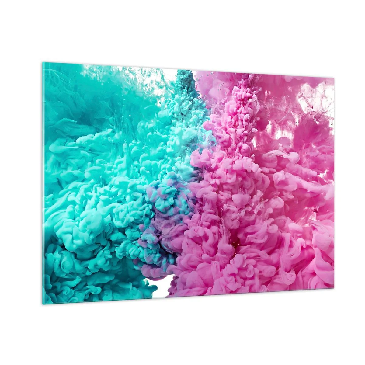 Obraz na szkle - Barwne chmury tuszu w kolorach różowym i turkusowym - 100x70cm - Decydujące starcie - Nowoczesna dekoracja ścienna do salonu, kuchni i sypialni ARTTOR