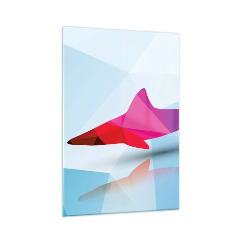 Obraz na szkle - Geometryczna sylwetka rekina w odcieniach różu i niebieskiego - 70x100cm - Rekin w krystalicznej przestrzeni - Nowoczesna dekoracja ścienna do salonu i sypialni ARTTOR
