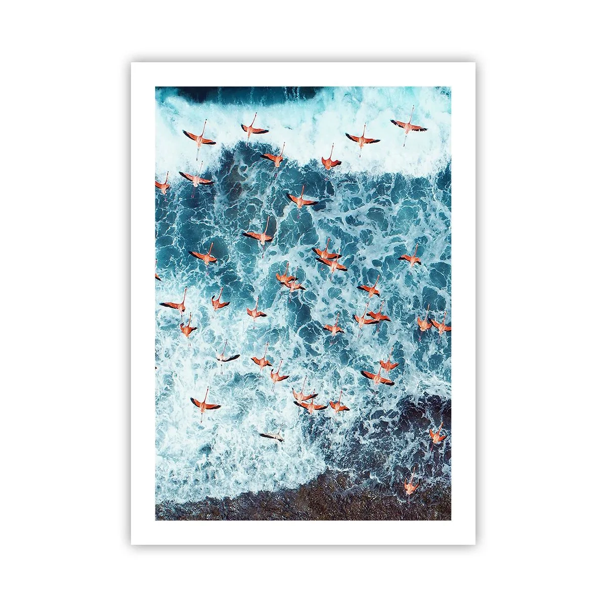 Plakat - Flamingi nad falami oceanu w intensywnych barwach - 50x70cm - Nadmorska parada - Nowoczesna dekoracja ścienna do salonu, kuchni i sypialni ARTTOR