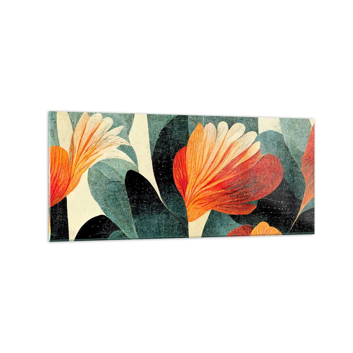 Obraz na szkle - Kwiaty w intensywnych odcieniach pomarańczu i zieleni - 120x50cm - Żar tropików i chłód zieleni - Nowoczesna dekoracja ścienna do salonu i sypialni ARTTOR