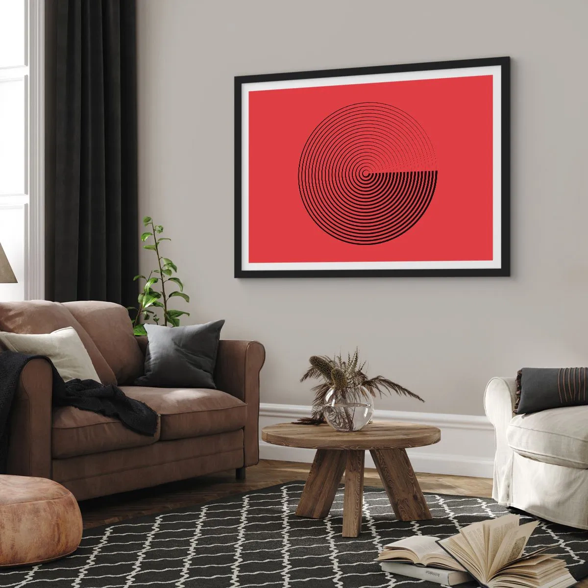 Plakat w czarnej ramie - Koncentryczne koła na czerwonym tle - 70x50cm - Ruch kolisty - Nowoczesna dekoracja ścienna do salonu i sypialni ARTTOR