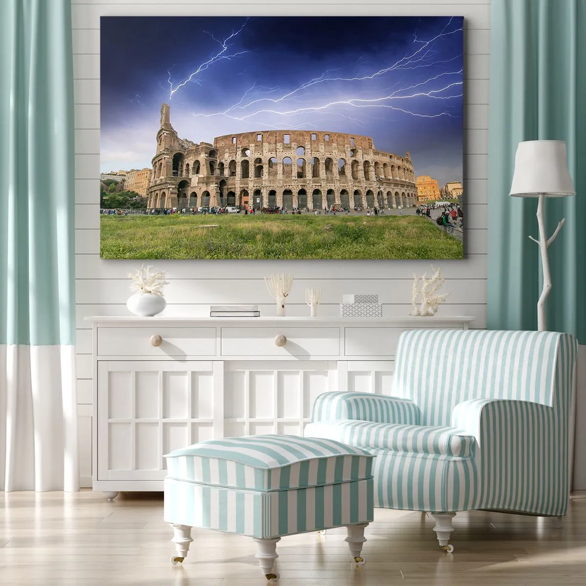 Obraz na płótnie - Koloseum w Rzymie oświetlone błyskawicami - 70x50cm - Arena walki - Nowoczesna dekoracja ścienna do salonu i sypialni ARTTOR