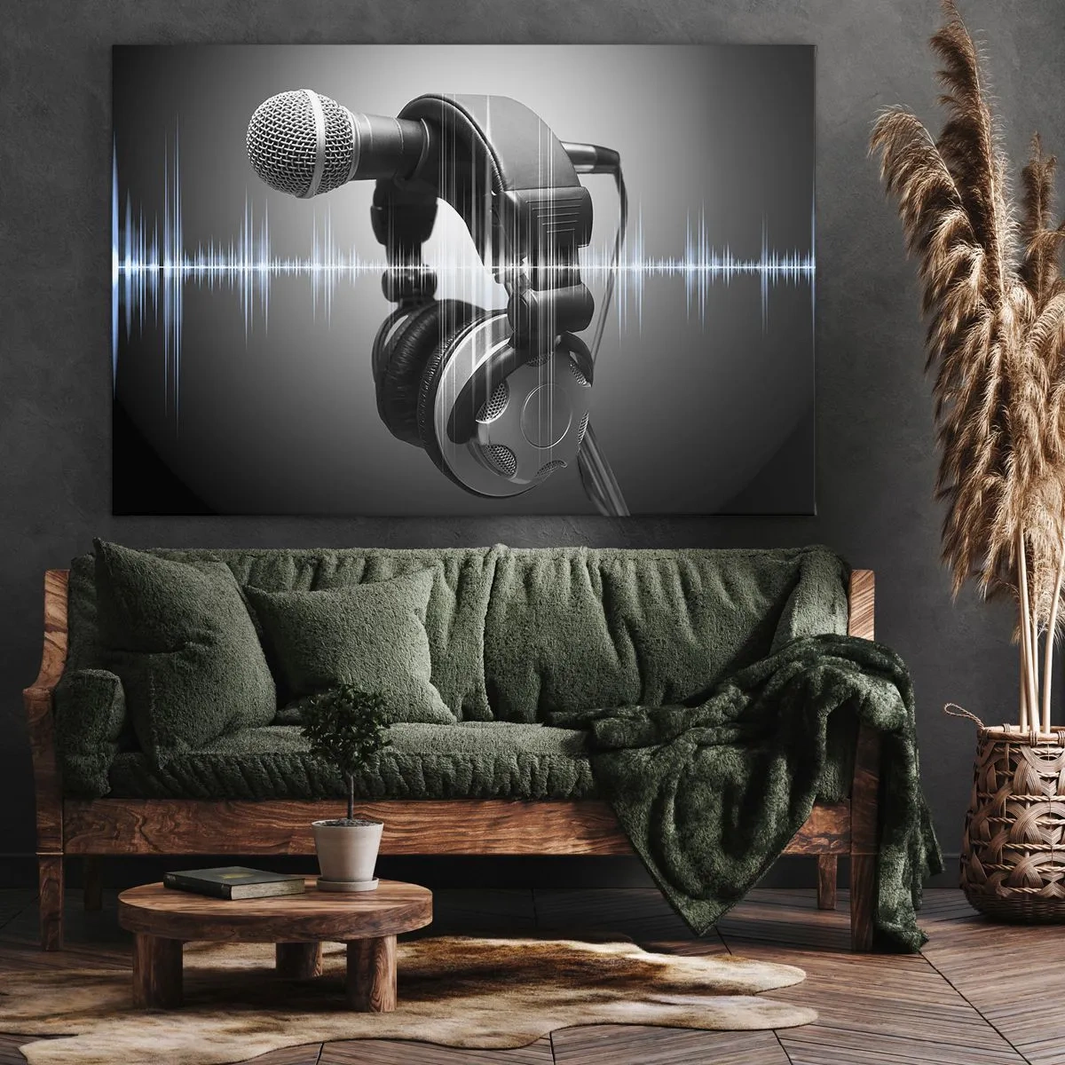 Obraz na płótnie - Mikrofon i słuchawki na tle wizualizacji fal dźwiękowych - 70x50cm - Jeszcze słychać śpiew - Nowoczesna dekoracja ścienna do salonu i sypialni ARTTOR