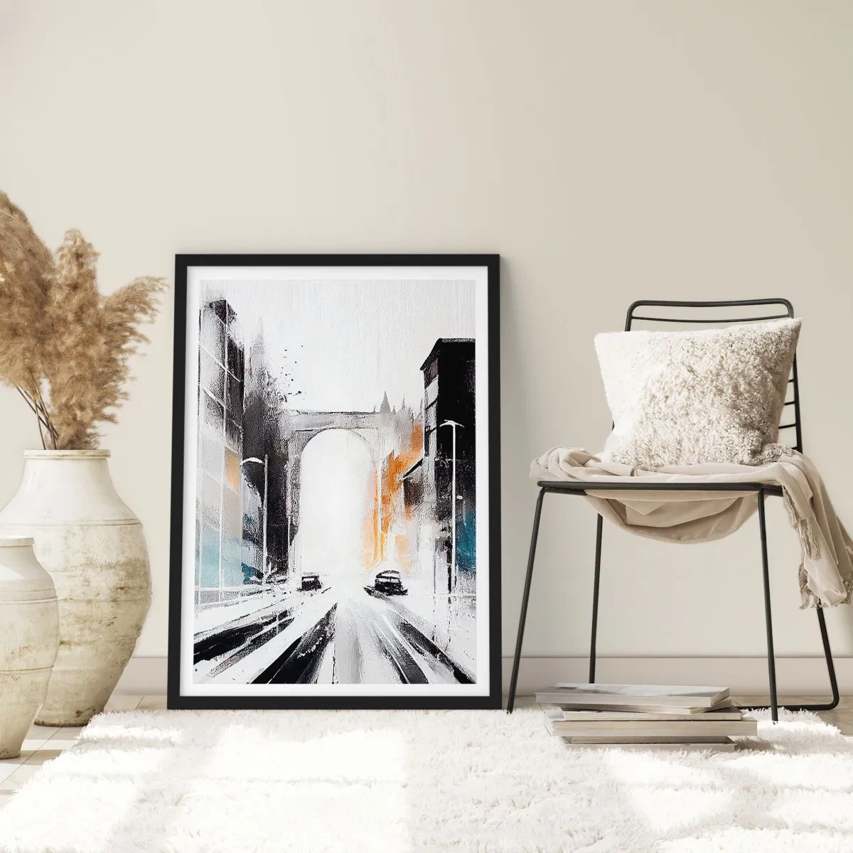 Plakat w czarnej ramie - Abstrakcyjna panorama miasta z monumentalnym łukiem - 50x70cm - Studium miasta: architektura i ruch - Nowoczesna dekoracja ścienna do salonu i sypialni ARTTOR