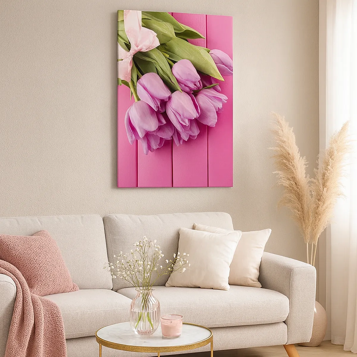 Obraz na płótnie - Bukiet różowych tulipanów na drewnianym tle - 50x70cm - Właśnie dla ciebie - Nowoczesna dekoracja ścienna do salonu, kuchni i sypialni ARTTOR