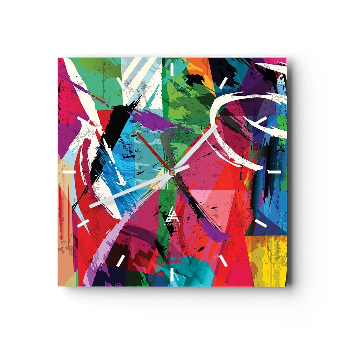 Zegar ścienny - Kolorowa abstrakcja z dynamicznymi pociągnięciami pędzla - 30x30cm - Szybko, żywo i skocznie - Nowoczesna dekoracja ścienna do salonu i sypialni ARTTOR