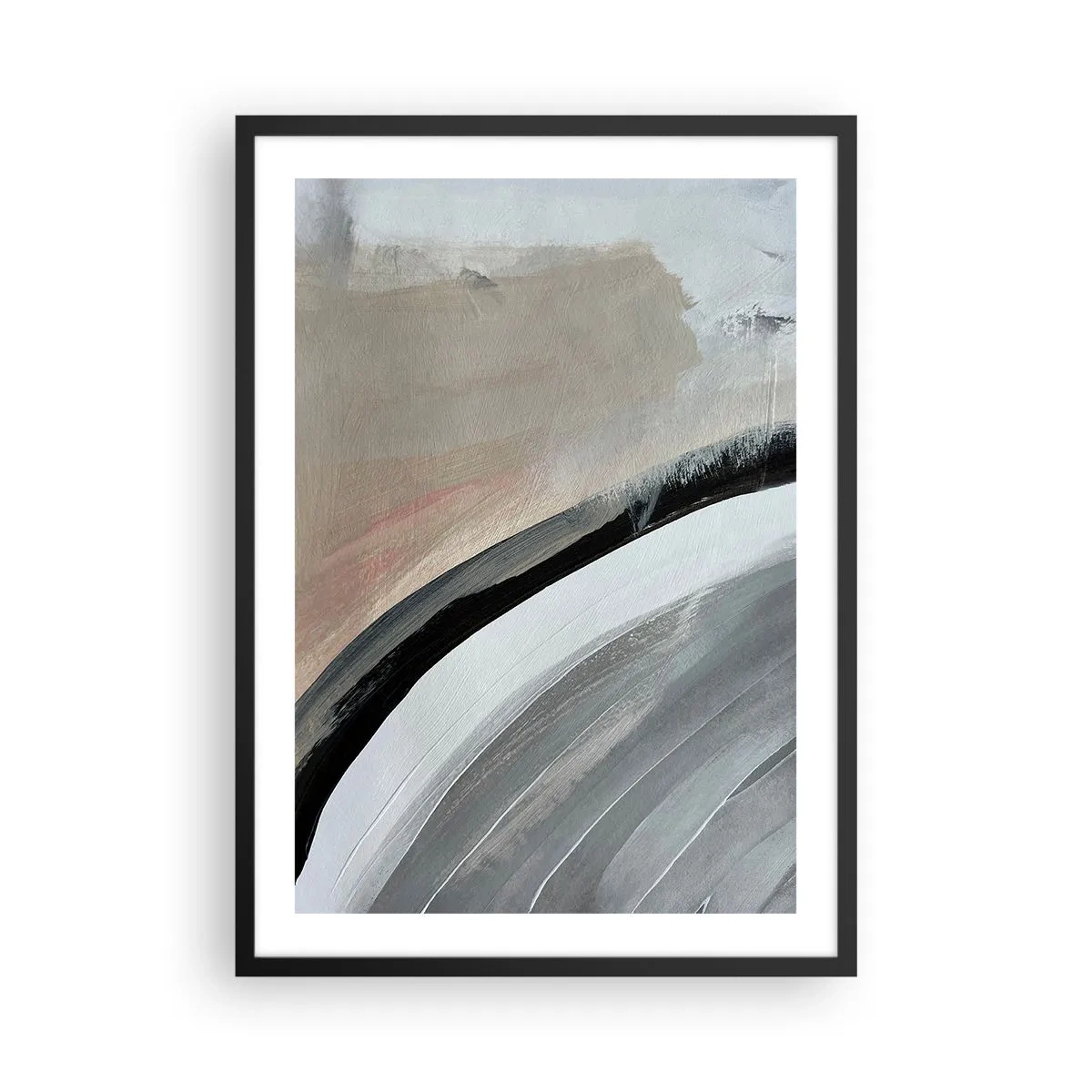 Plakat w czarnej ramie - Abstrakcyjna kompozycja z liniami w odcieniach szarości i beżu - 50x70cm - Kompozycja: łuk czerni i szarości - Nowoczesna dekoracja ścienna do salonu i sypialni ARTTOR