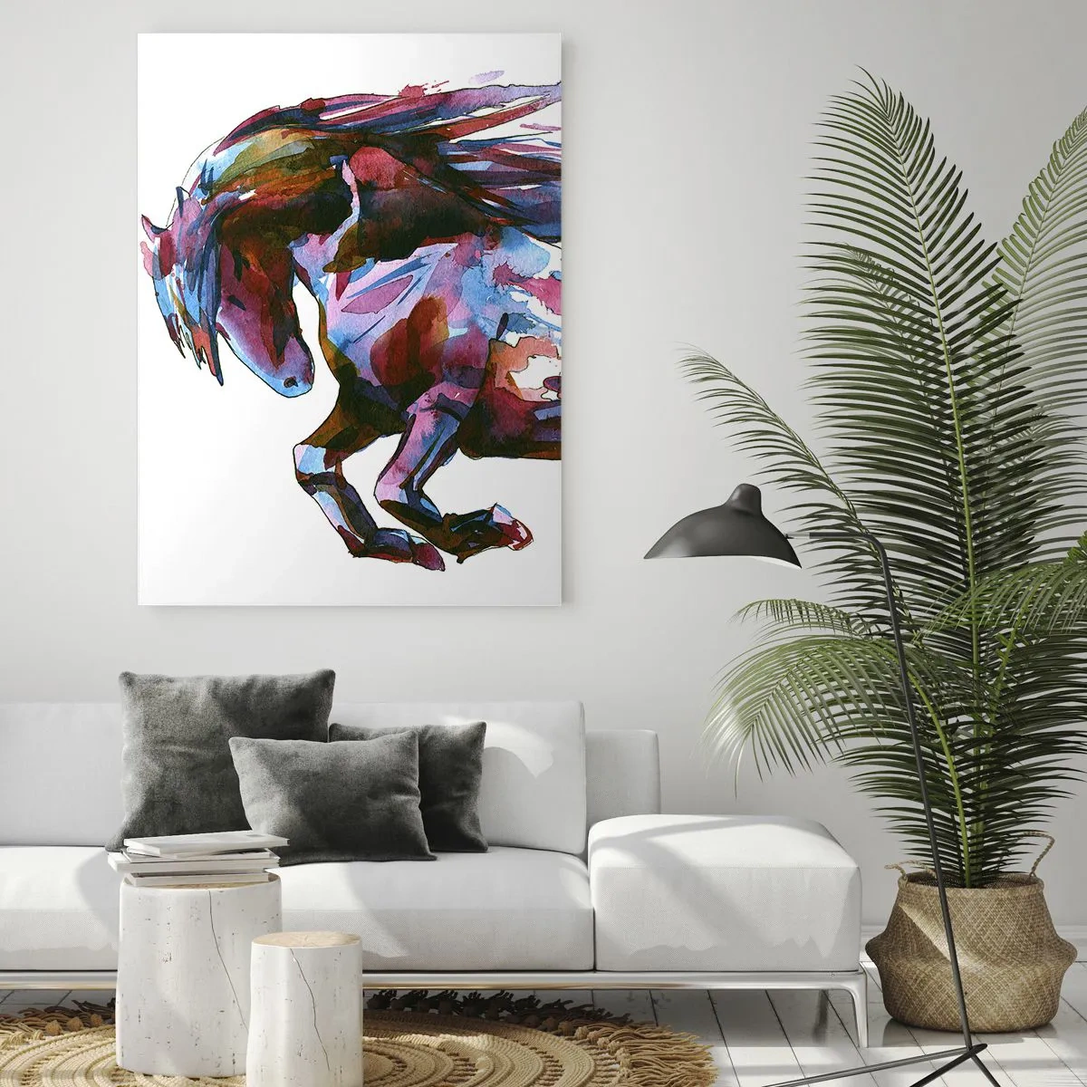 Obraz na szkle - Abstrakcyjny koń w dynamicznej kompozycji kolorów - 50x70cm - W uniesieniu - Nowoczesna dekoracja ścienna do salonu, kuchni i sypialni ARTTOR