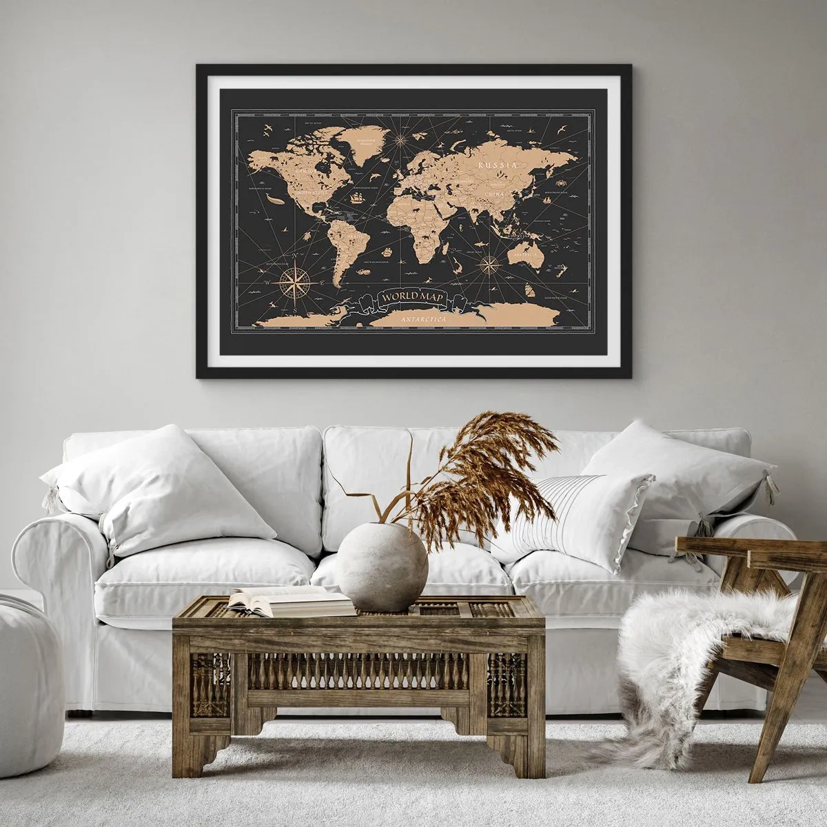 Plakat w czarnej ramie - Stylizowana mapa świata na czarnym tle z beżowymi akcentami - 70x50cm - Granice mojego świata - Nowoczesna dekoracja ścienna do salonu i sypialni ARTTOR