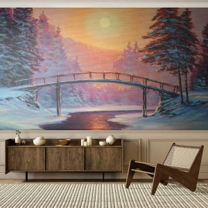 Fototapeta Premium Sand - Zimowy krajobraz z mostem i zachodzącym słońcem - 100x70cm - Cztery pory roku - zima - Nowoczesna dekoracja ścienna do salonu, kuchni i sypialni ARTTOR