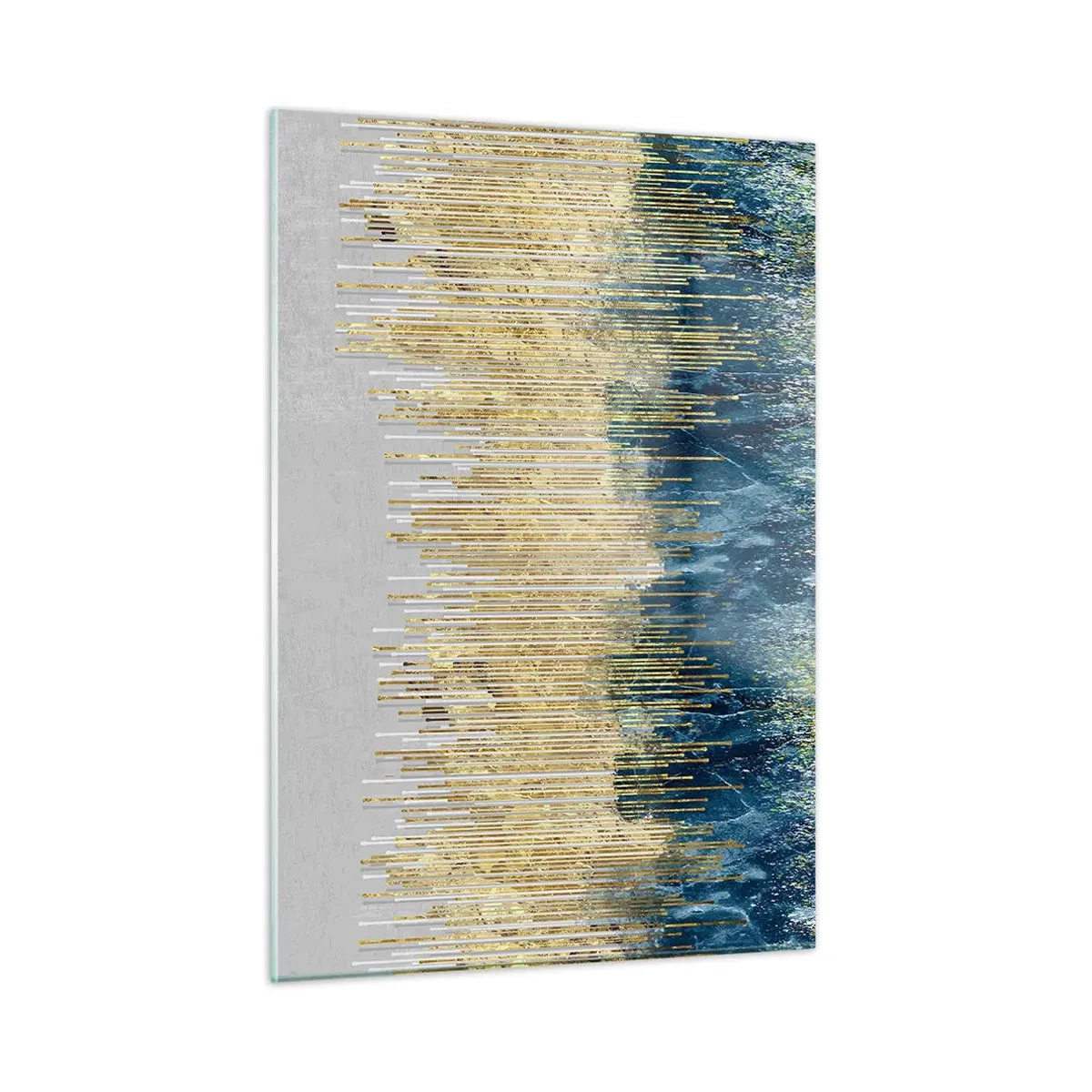 Obraz na szkle - Złote pionowe linie na tle ciemnoniebieskiego lasu - 50x70cm - Wyzłocona granica - Nowoczesna dekoracja ścienna do salonu, kuchni i sypialni ARTTOR