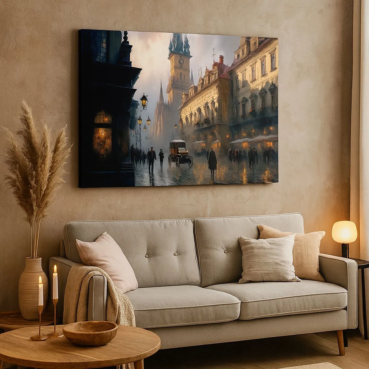 Obraz na płótnie - Wieczorna scena uliczna z zabytkową architekturą - 70x50cm - Czar praskiego wieczoru - Nowoczesna dekoracja ścienna do salonu i sypialni ARTTOR