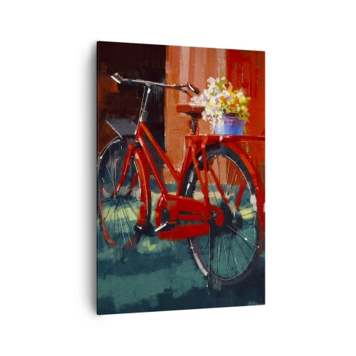 Obraz na płótnie - Czerwony rower z kwiatami w tle pomarańczowej ściany - 70x100cm - I want to ride my bicycle - Nowoczesna dekoracja ścienna do salonu i sypialni ARTTOR